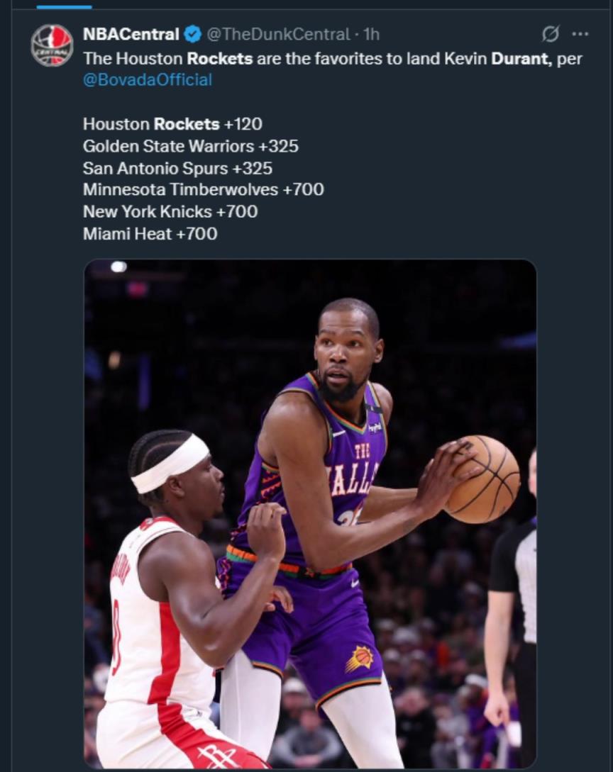 難道說？美媒曬杜蘭特下家賠率，火箭大幅度領(lǐng)跑！